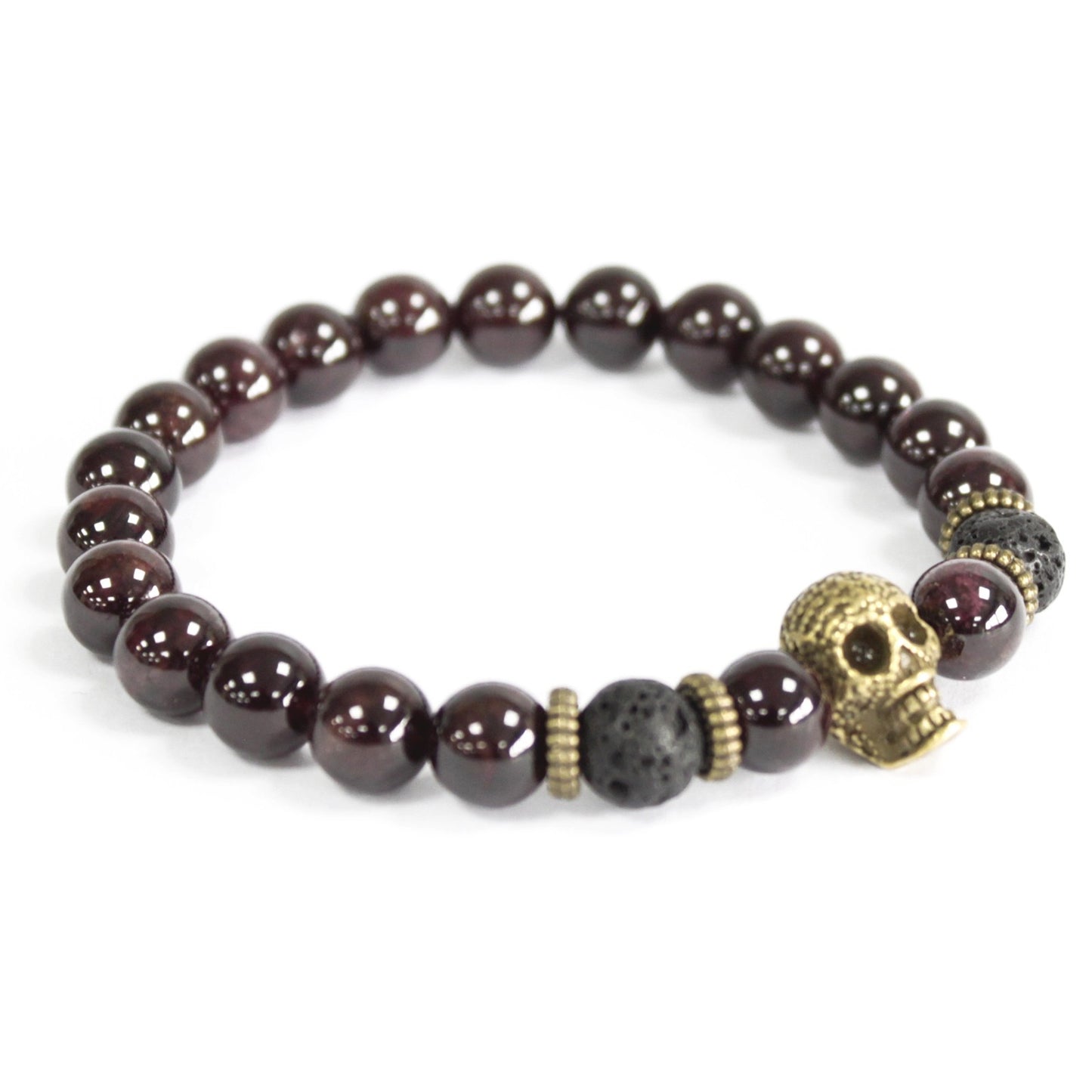 Pulseira Masculina Pedra de Sangue com Caveira Dourada