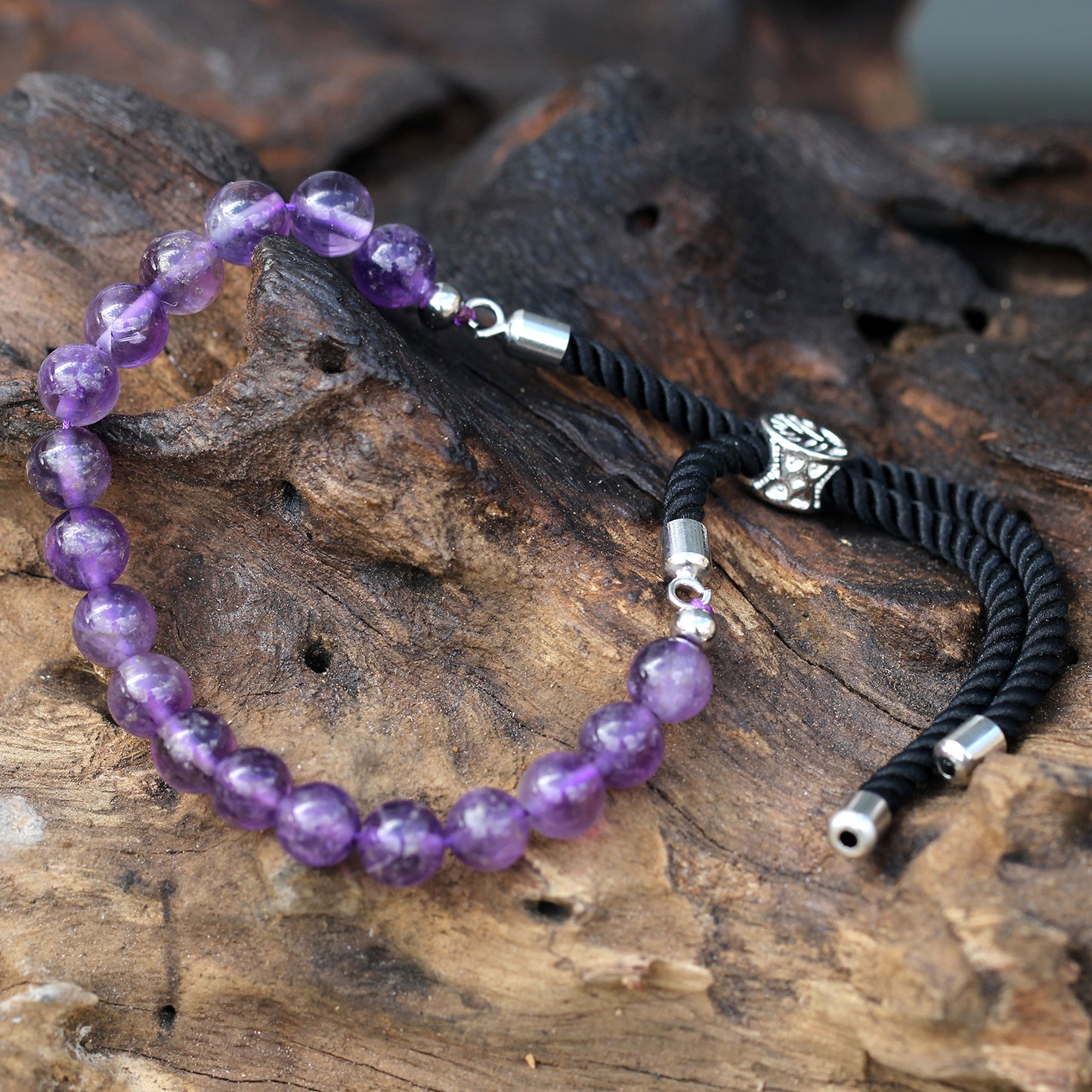 Pulseira Ametista com Ajuste em Cordão Preto