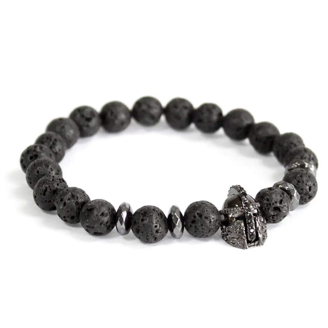 Pulseira Masculina Pedra Vulcânica com Capacete de Cavaleiro