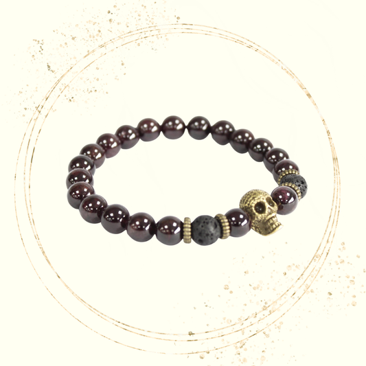Pulseira Masculina Pedra de Sangue com Caveira Dourada