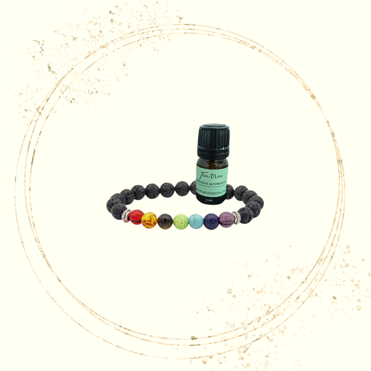 Kit Pulseira dos 7 Chakras em Pedra Vulcânica + Óleo Essencial Sortido