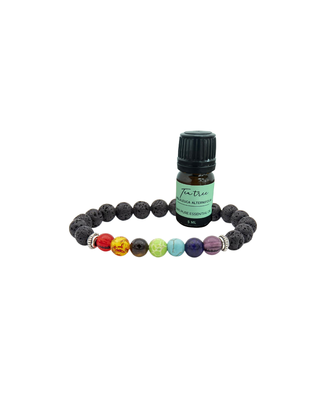 Kit Pulseira dos 7 Chakras em Pedra Vulcânica + Óleo Essencial Sortido