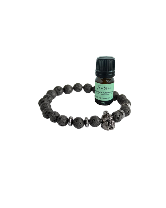 Kit Energia & Proteção – Pulseira de Pedra Vulcânica + Óleo Essencial Sortido